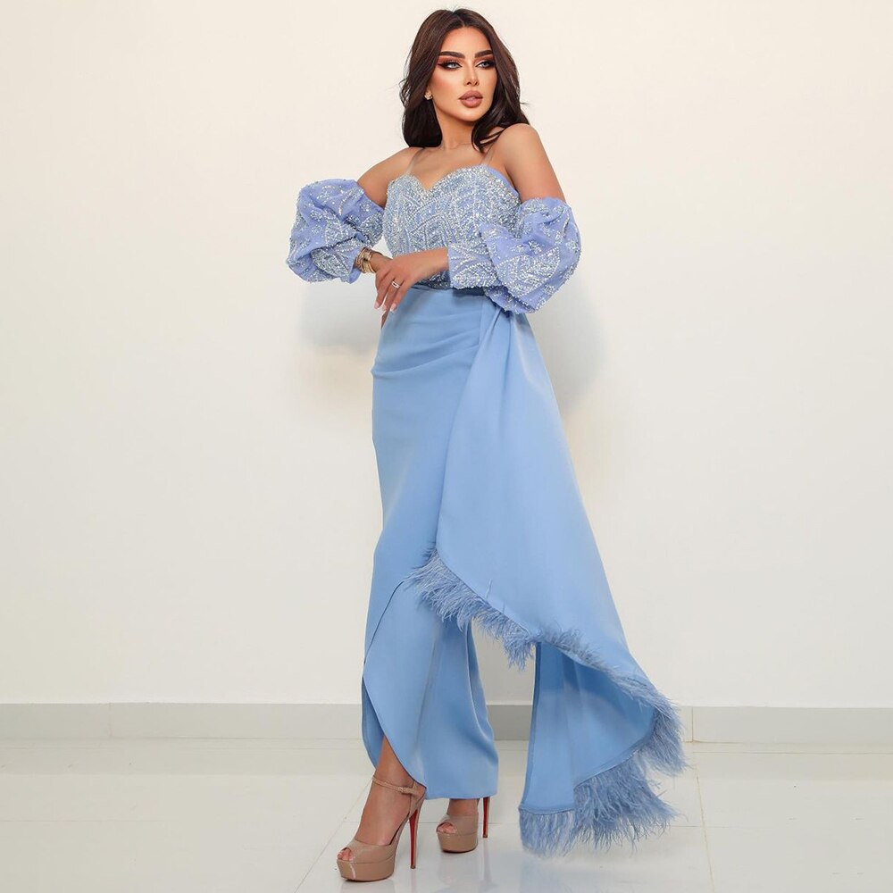 Vestidos de noche de lujo estilo sirena, sexy, azul árabe, con mangas abullonadas y plumas, estilo Dubai, para mujer, ideales para fiestas (LA72080) 