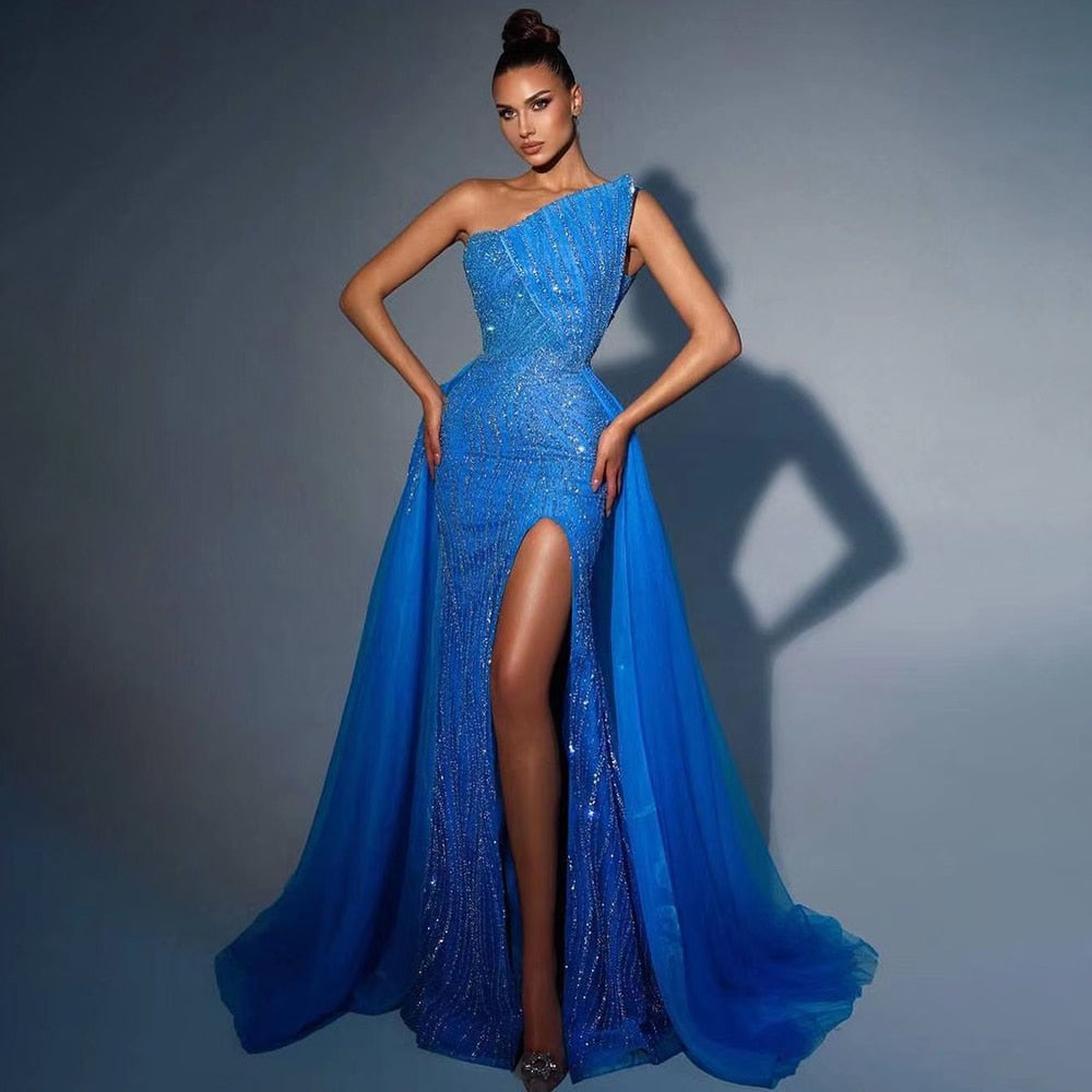 Robe de soirée de luxe bleu arabe sexy sans bretelles, fendue haute, avec perles, pour femmes, mariage, 2025, LA71921 