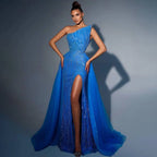 Robe de soirée de luxe bleu arabe sexy sans bretelles, fendue haute, avec perles, pour femmes, mariage, 2025, LA71921 