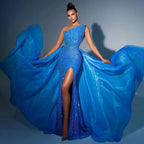 Robe de soirée de luxe bleu arabe sexy sans bretelles, fendue haute, avec perles, pour femmes, mariage, 2025, LA71921 