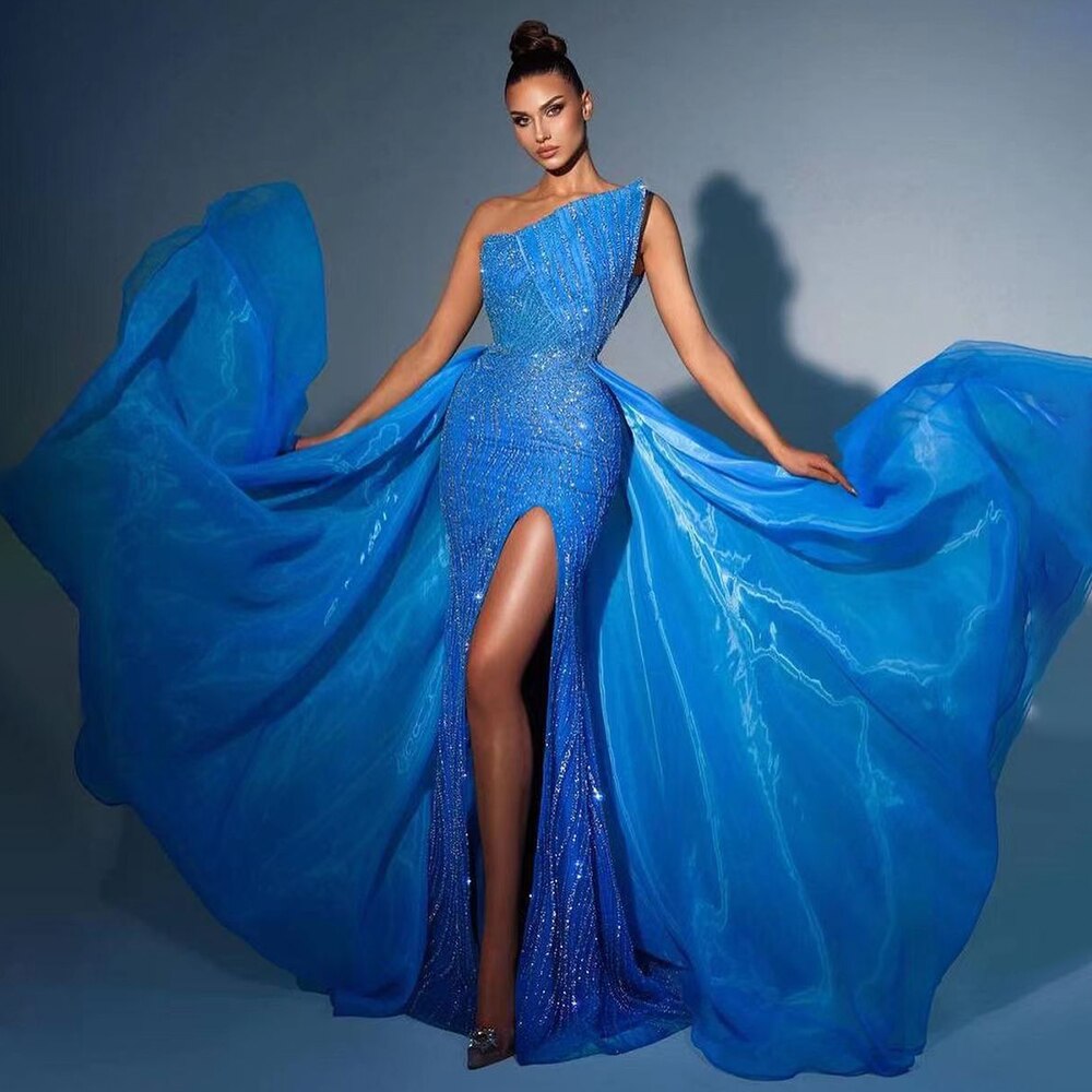 Vestidos de noche de lujo con cuentas, estilo árabe, azules, sin tirantes, con abertura alta, de Dubái, para mujer, para bodas y fiestas 2025 LA71921 