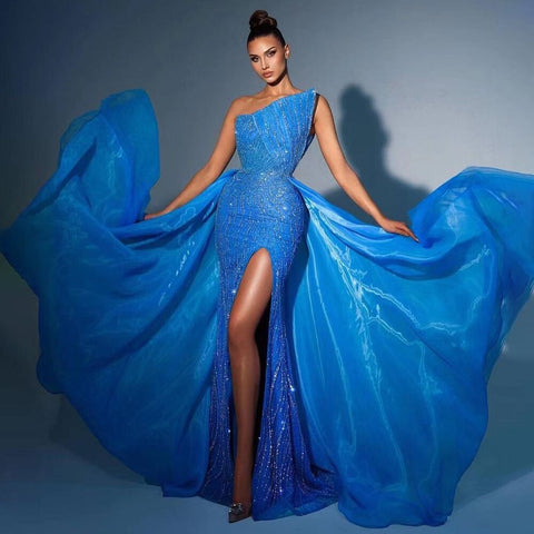 Arabic Blue Sexy Strapless High Split Luxury Beaded Dubai Evening Dresses For Women Wedding Party 2025 LA71921