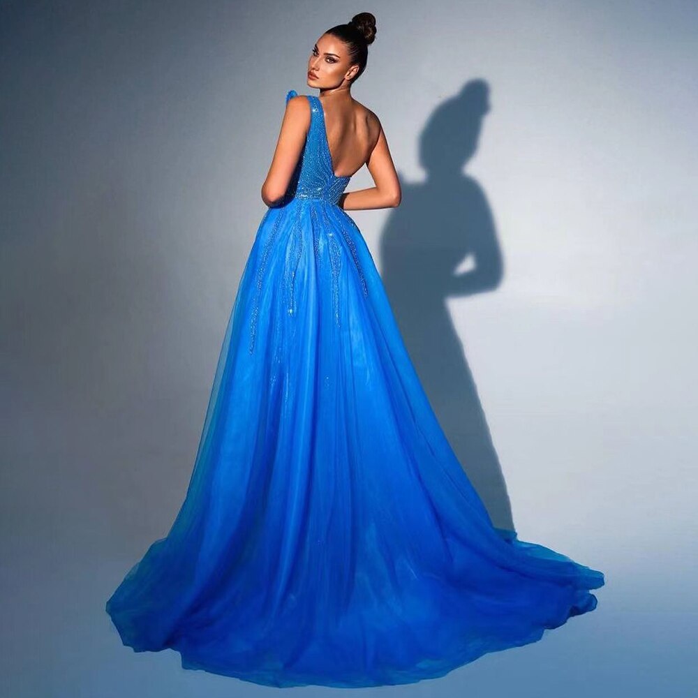 Robe de soirée de luxe bleu arabe sexy sans bretelles, fendue haute, avec perles, pour femmes, mariage, 2025, LA71921 