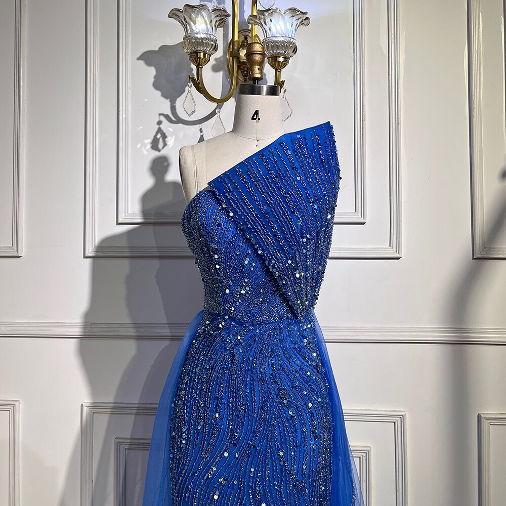 Vestidos de noche de lujo con cuentas, estilo árabe, azules, sin tirantes, con abertura alta, de Dubái, para mujer, para bodas y fiestas 2025 LA71921 