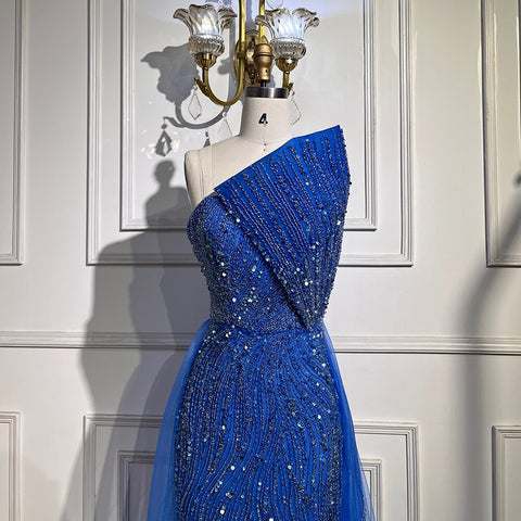 Arabic Blue Sexy Strapless High Split Luxury Beaded Dubai Evening Dresses For Women Wedding Party 2025 LA71921