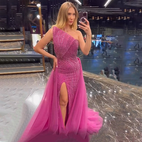 Arabic Blue Sexy Strapless High Split Luxury Beaded Dubai Evening Dresses For Women Wedding Party 2025 LA71921