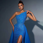 Robe de soirée de luxe bleu arabe sexy sans bretelles, fendue haute, avec perles, pour femmes, mariage, 2025, LA71921 