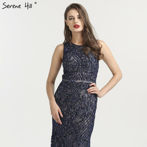 On Sale No Return No Refund Arabic Blue Sleeveless Mermaid Luxury Evening Dresses Gowns 2025 Lace Beaded Elegant For Woman Wedding Party LA6358