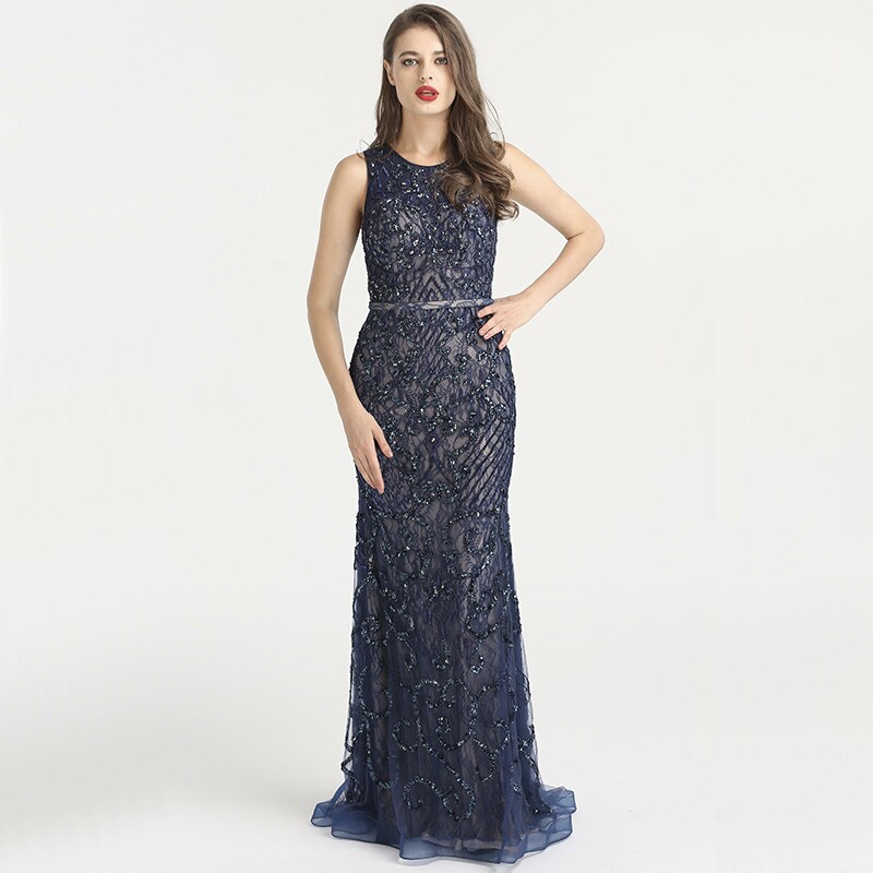 On Sale No Return No Refund Arabic Blue Sleeveless Mermaid Luxury Evening Dresses Gowns 2025 Lace Beaded Elegant For Woman Wedding Party LA6358