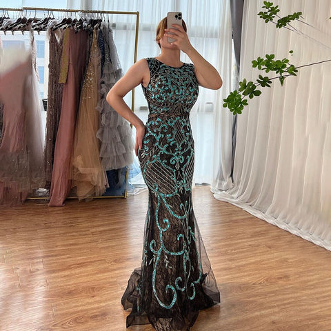 On Sale No Return No Refund Arabic Blue Sleeveless Mermaid Luxury Evening Dresses Gowns 2025 Lace Beaded Elegant For Woman Wedding Party LA6358