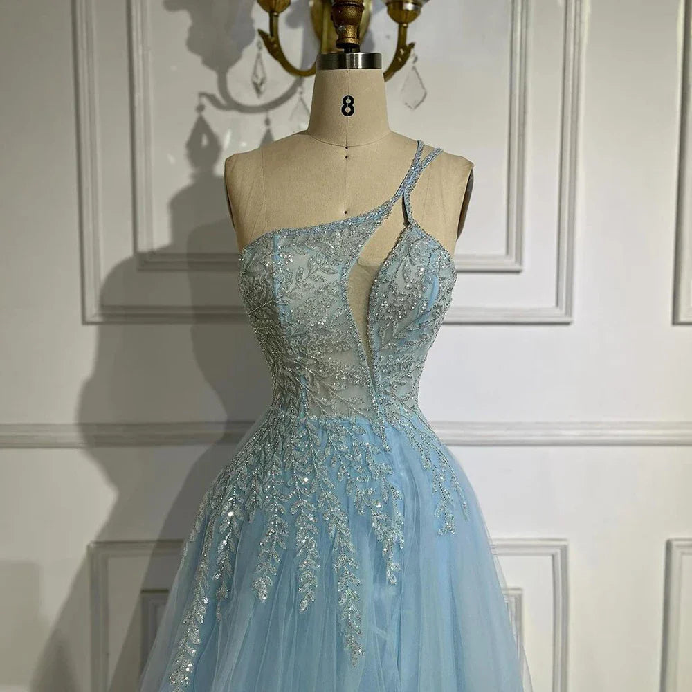 Vestido de noche de lujo con tirantes finos, corte en A, un solo hombro y cuentas, estilo árabe, color azul, para mujer, ideal para fiestas, colección 2025 LA72589 