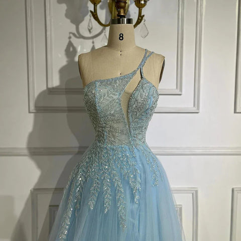 Arabic Blue Spaghetti Strap A Line One Shoulder Beaded Luxury Evening Dresses Gowns for Women's Party 2025 LA72589