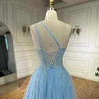 Vestido de noche de lujo con tirantes finos, corte en A, un solo hombro y cuentas, estilo árabe, color azul, para mujer, ideal para fiestas, colección 2025 LA72589 