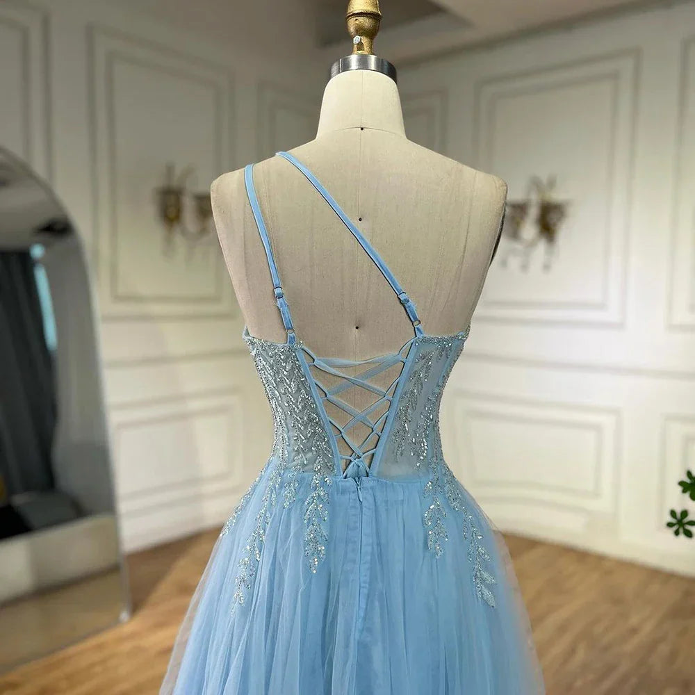 Vestido de noche de lujo con tirantes finos, corte en A, un solo hombro y cuentas, estilo árabe, color azul, para mujer, ideal para fiestas, colección 2025 LA72589 