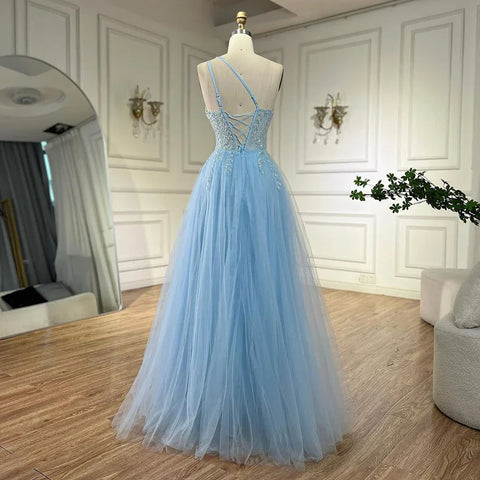 Arabic Blue Spaghetti Strap A Line One Shoulder Beaded Luxury Evening Dresses Gowns for Women's Party 2025 LA72589