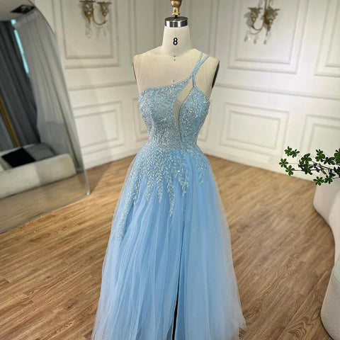 Arabic Blue Spaghetti Strap A Line One Shoulder Beaded Luxury Evening Dresses Gowns for Women's Party 2025 LA72589