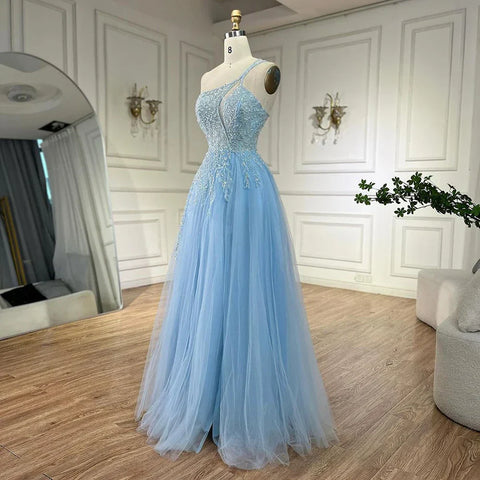 Arabic Blue Spaghetti Strap A Line One Shoulder Beaded Luxury Evening Dresses Gowns for Women's Party 2025 LA72589