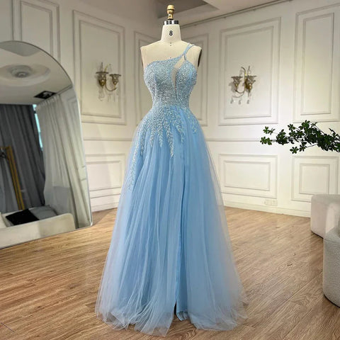 Arabic Blue Spaghetti Strap A Line One Shoulder Beaded Luxury Evening Dresses Gowns for Women's Party 2025 LA72589