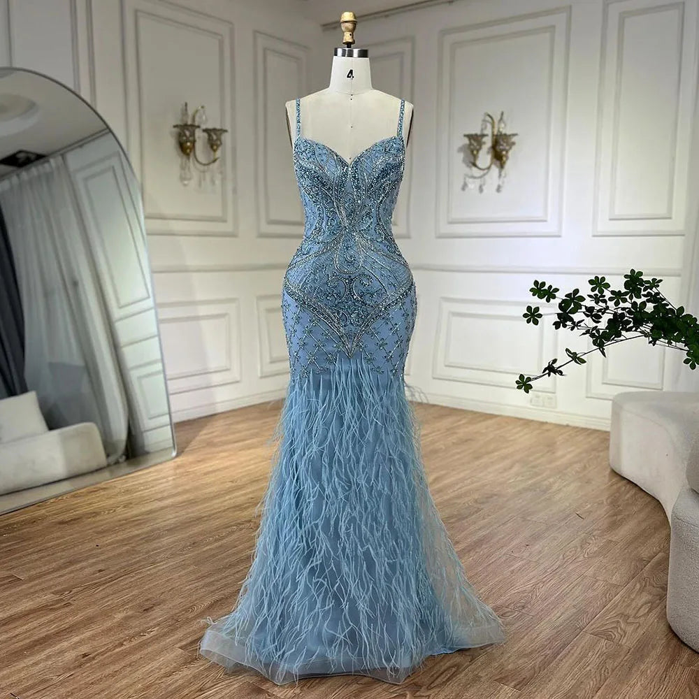 Vestidos de noche de lujo de Dubái, estilo árabe, con tirantes finos, plumas y cuentas, para mujer, ideales para bodas y fiestas (2025) LA72527 