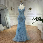 Vestidos de noche de lujo de Dubái, estilo árabe, con tirantes finos, plumas y cuentas, para mujer, ideales para bodas y fiestas (2025) LA72527 
