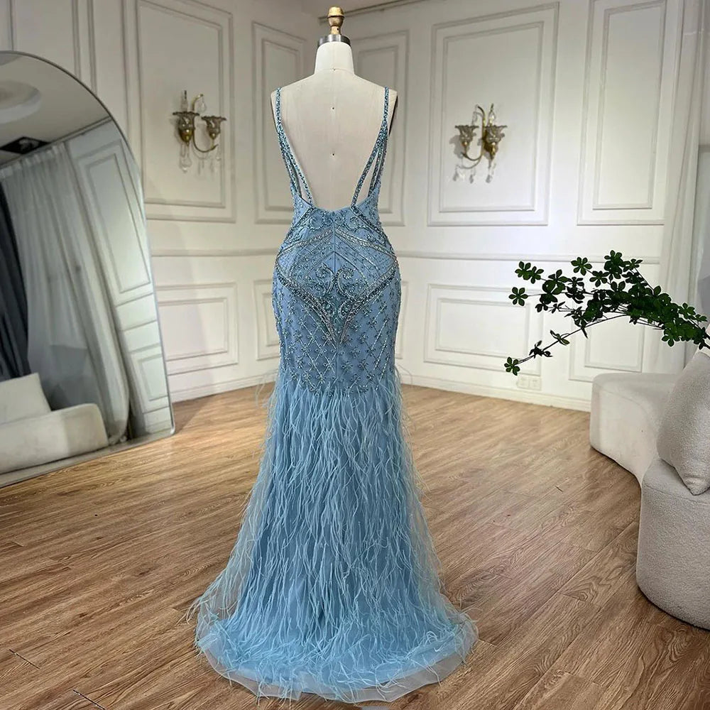 Vestidos de noche de lujo de Dubái, estilo árabe, con tirantes finos, plumas y cuentas, para mujer, ideales para bodas y fiestas (2025) LA72527 