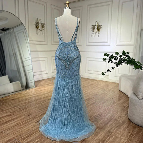 Arabic Blue Spaghetti Strap Feathers Beaded  Luxury Dubai Evening Dresses Gowns For Women Wedding Party 2025 LA72527