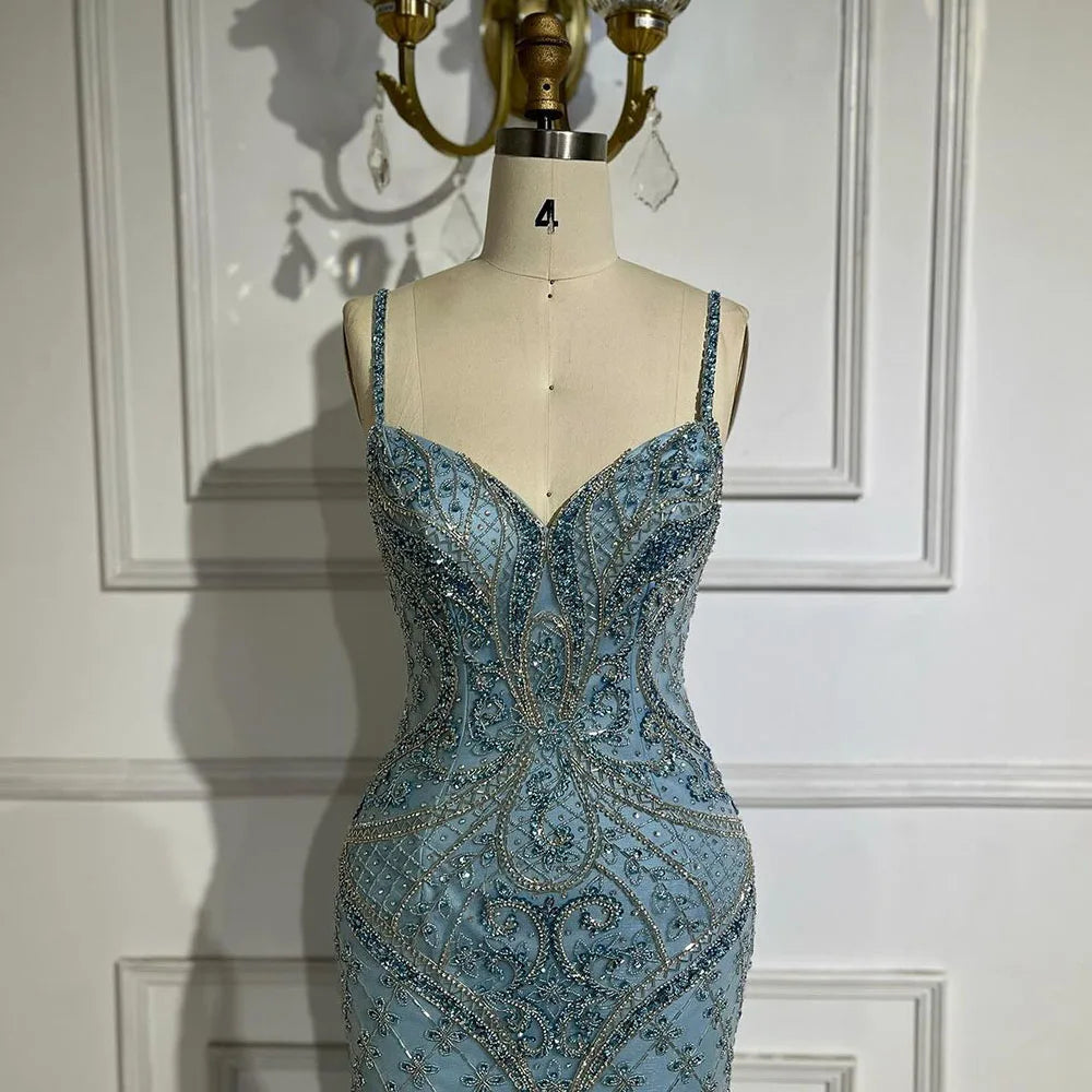 Vestidos de noche de lujo de Dubái, estilo árabe, con tirantes finos, plumas y cuentas, para mujer, ideales para bodas y fiestas (2025) LA72527 