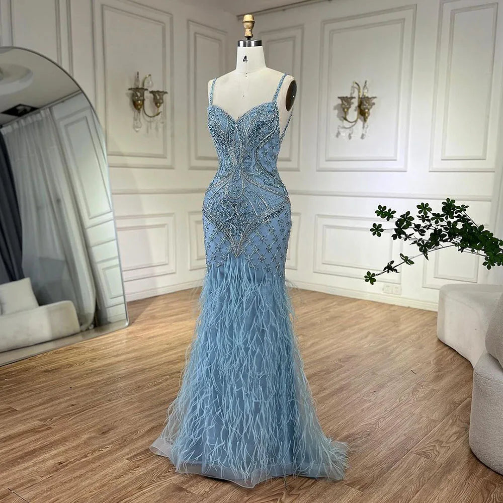 Vestidos de noche de lujo de Dubái, estilo árabe, con tirantes finos, plumas y cuentas, para mujer, ideales para bodas y fiestas (2025) LA72527 