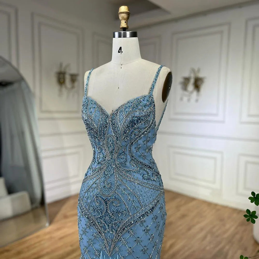 Vestidos de noche de lujo de Dubái, estilo árabe, con tirantes finos, plumas y cuentas, para mujer, ideales para bodas y fiestas (2025) LA72527 