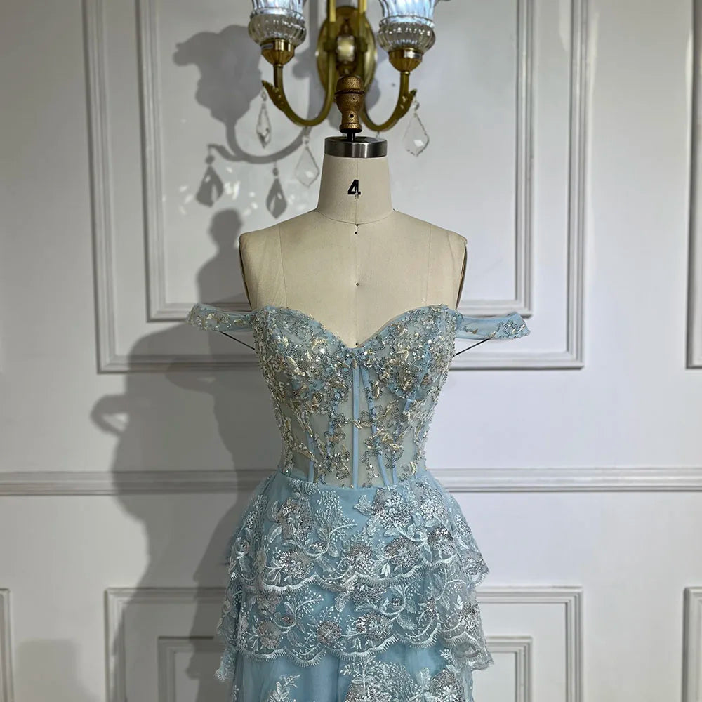 Robe de soirée bleu arabe à fines bretelles et perles, fendue sur le devant, pour femme - Mariage 2025 LA72593 
