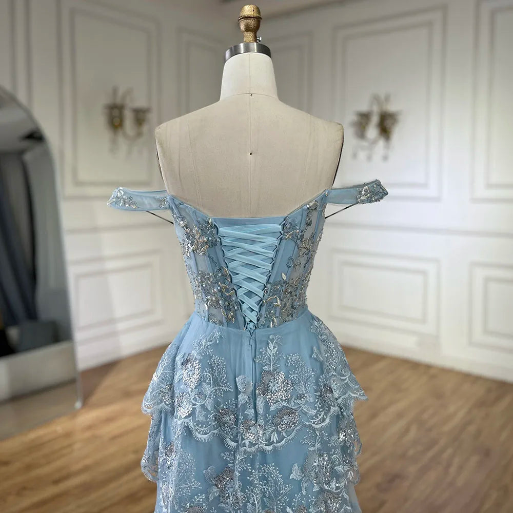 Robe de soirée bleu arabe à fines bretelles et perles, fendue sur le devant, pour femme - Mariage 2025 LA72593 