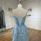 Robe de soirée bleu arabe à fines bretelles et perles, fendue sur le devant, pour femme - Mariage 2025 LA72593 