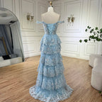 Robe de soirée bleu arabe à fines bretelles et perles, fendue sur le devant, pour femme - Mariage 2025 LA72593 
