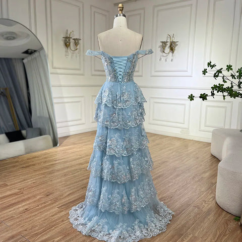 Arabic Blue Spaghetti Strap Tiered Beaded Evening Gown with Front Split for Women - Wedding Party 2025 LA72593