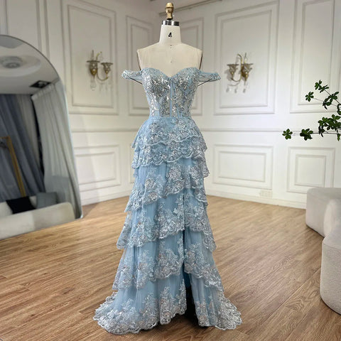 Arabic Blue Spaghetti Strap Tiered Beaded Evening Gown with Front Split for Women - Wedding Party 2025 LA72593