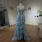 Robe de soirée bleu arabe à fines bretelles et perles, fendue sur le devant, pour femme - Mariage 2025 LA72593 