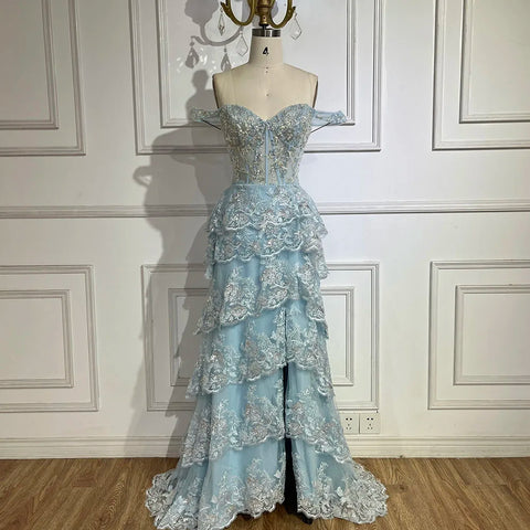 Arabic Blue Spaghetti Strap Tiered Beaded Evening Gown with Front Split for Women - Wedding Party 2025 LA72593