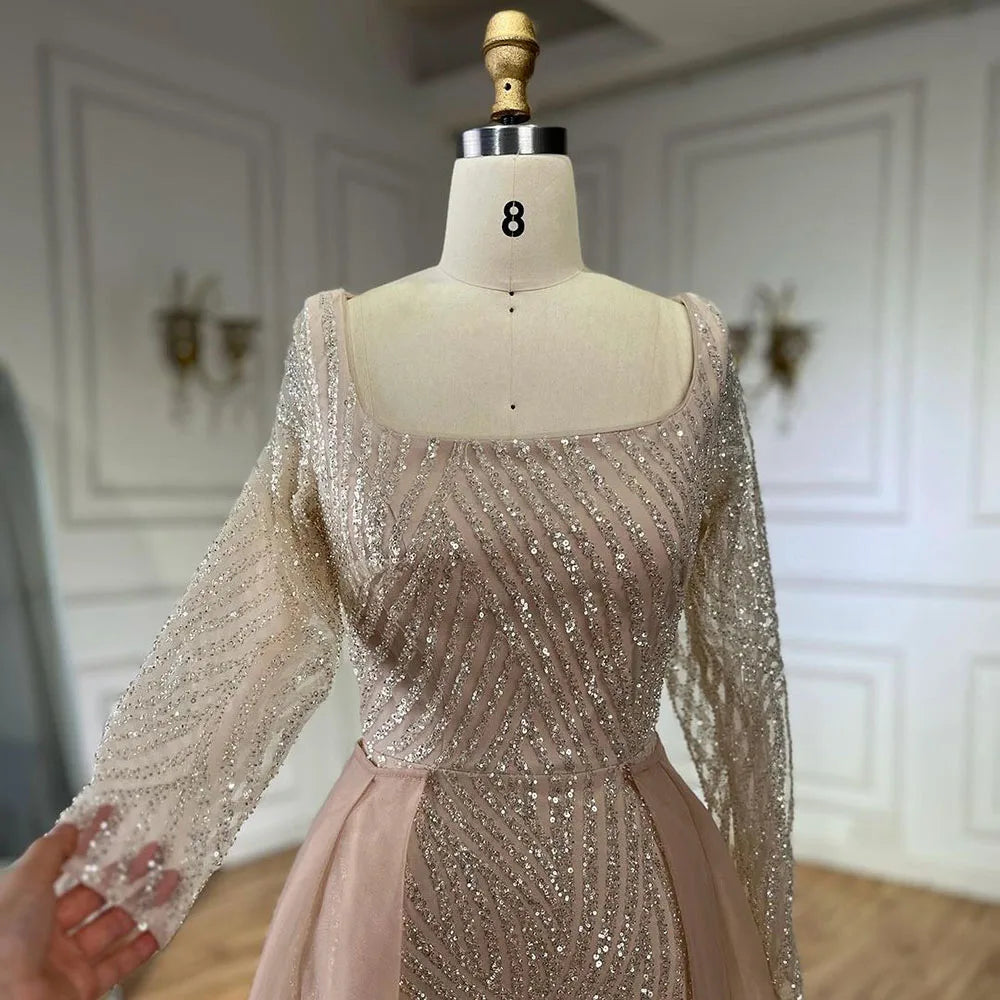 Robe de soirée sirène bleu arabe à col carré et jupe perlée, tenue de luxe pour mariage, LA72320A 