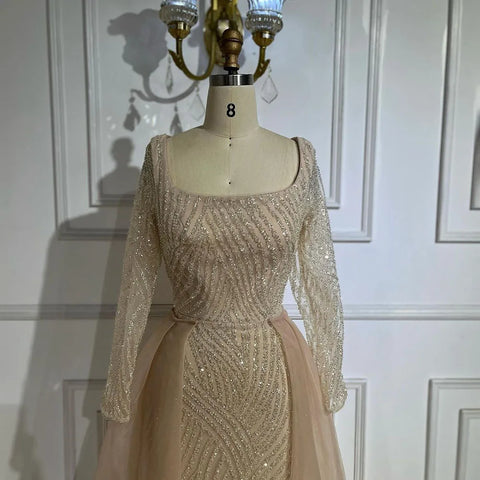 Arabic Blue Square Collar Mermaid Evening Gown Beaded Overskirt Luxury Dresses for Woman's Wedding Party LA72320A