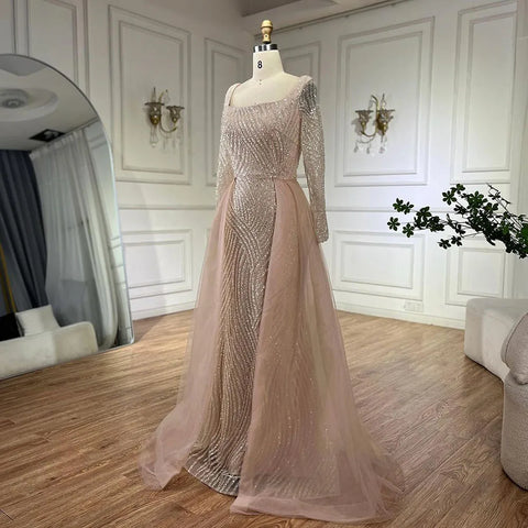 Arabic Blue Square Collar Mermaid Evening Gown Beaded Overskirt Luxury Dresses for Woman's Wedding Party LA72320A