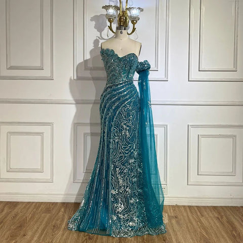 Green One Shoulder Beaded Mermaid Evening Dress with Side Cape Sleeves for Formal Occasion LA72600 2025