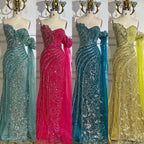 Green One Shoulder Beaded Mermaid Evening Dress with Side Cape Sleeves for Formal Occasion LA72600 2025