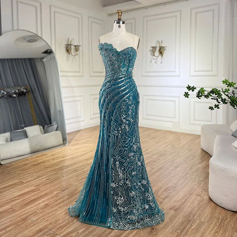 Green One Shoulder Beaded Mermaid Evening Dress with Side Cape Sleeves for Formal Occasion LA72600 2025