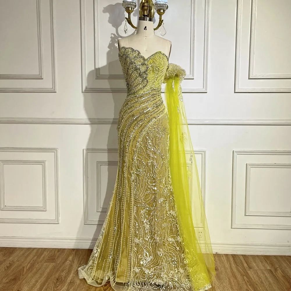 Green One Shoulder Beaded Mermaid Evening Dress with Side Cape Sleeves for Formal Occasion LA72600 2025