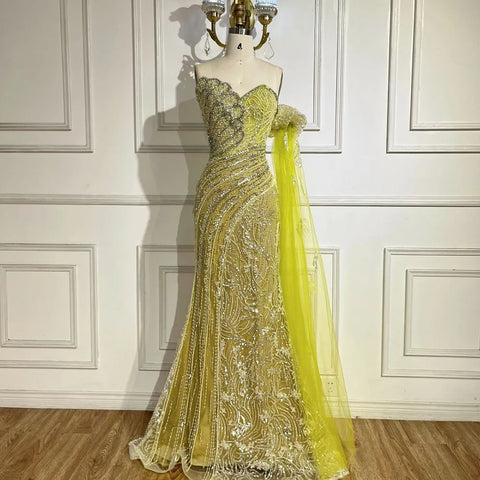 Green One Shoulder Beaded Mermaid Evening Dress with Side Cape Sleeves for Formal Occasion LA72600 2025