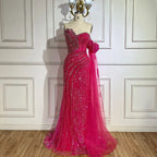 Green One Shoulder Beaded Mermaid Evening Dress with Side Cape Sleeves for Formal Occasion LA72600 2025