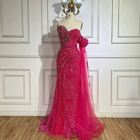 Green One Shoulder Beaded Mermaid Evening Dress with Side Cape Sleeves for Formal Occasion LA72600 2025