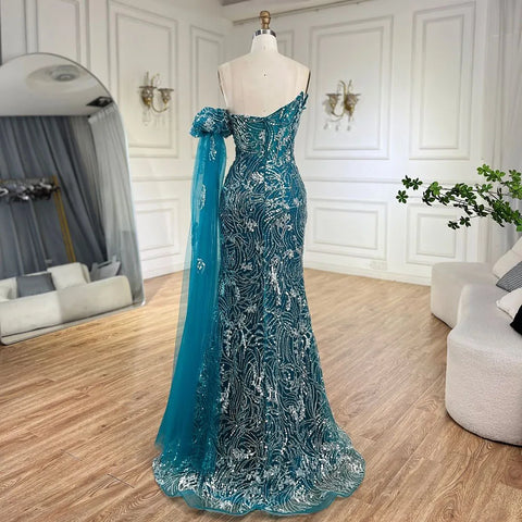 Green One Shoulder Beaded Mermaid Evening Dress with Side Cape Sleeves for Formal Occasion LA72600 2025