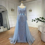 Vestido de noche árabe azul con escote corazón, corte sirena y sobrefalda con cuentas - Vestidos de lujo para bodas 2025 LA72548 