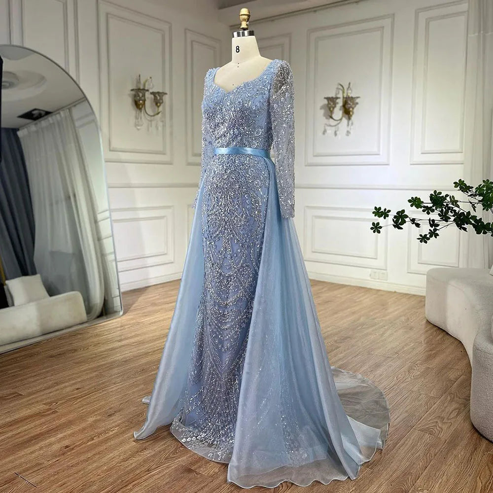 Vestido de noche árabe azul con escote corazón, corte sirena y sobrefalda con cuentas - Vestidos de lujo para bodas 2025 LA72548 